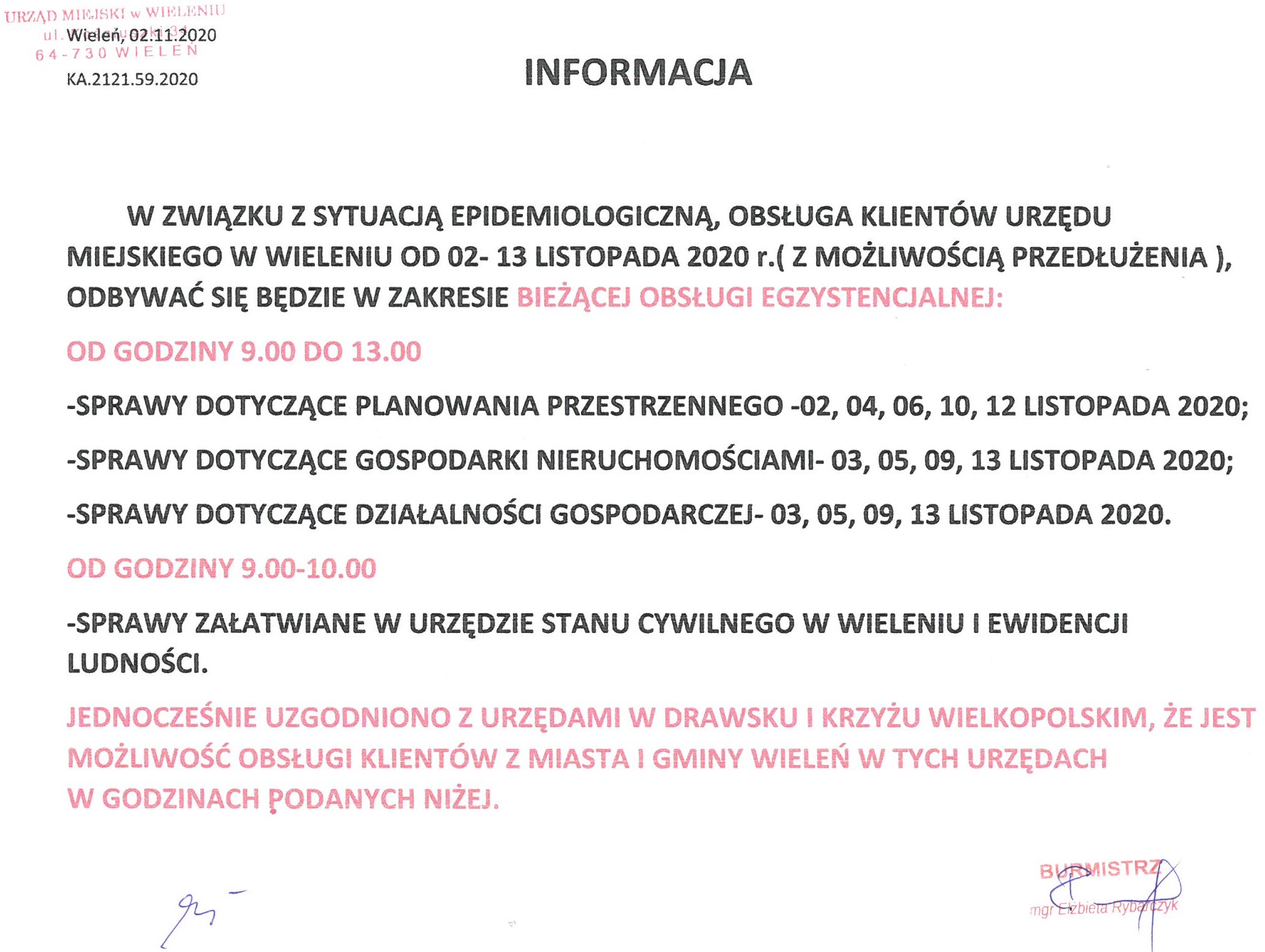 Informacja obsługa klientów 2-13 listopada