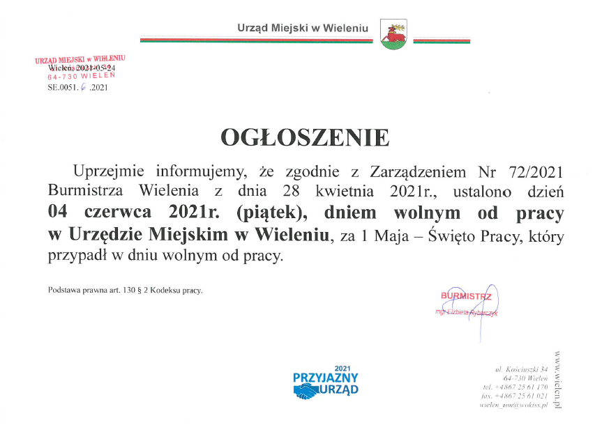 Ogłoszenie o dniu wolnym od pracy w Urzędzie Miejskim w Wieleniu