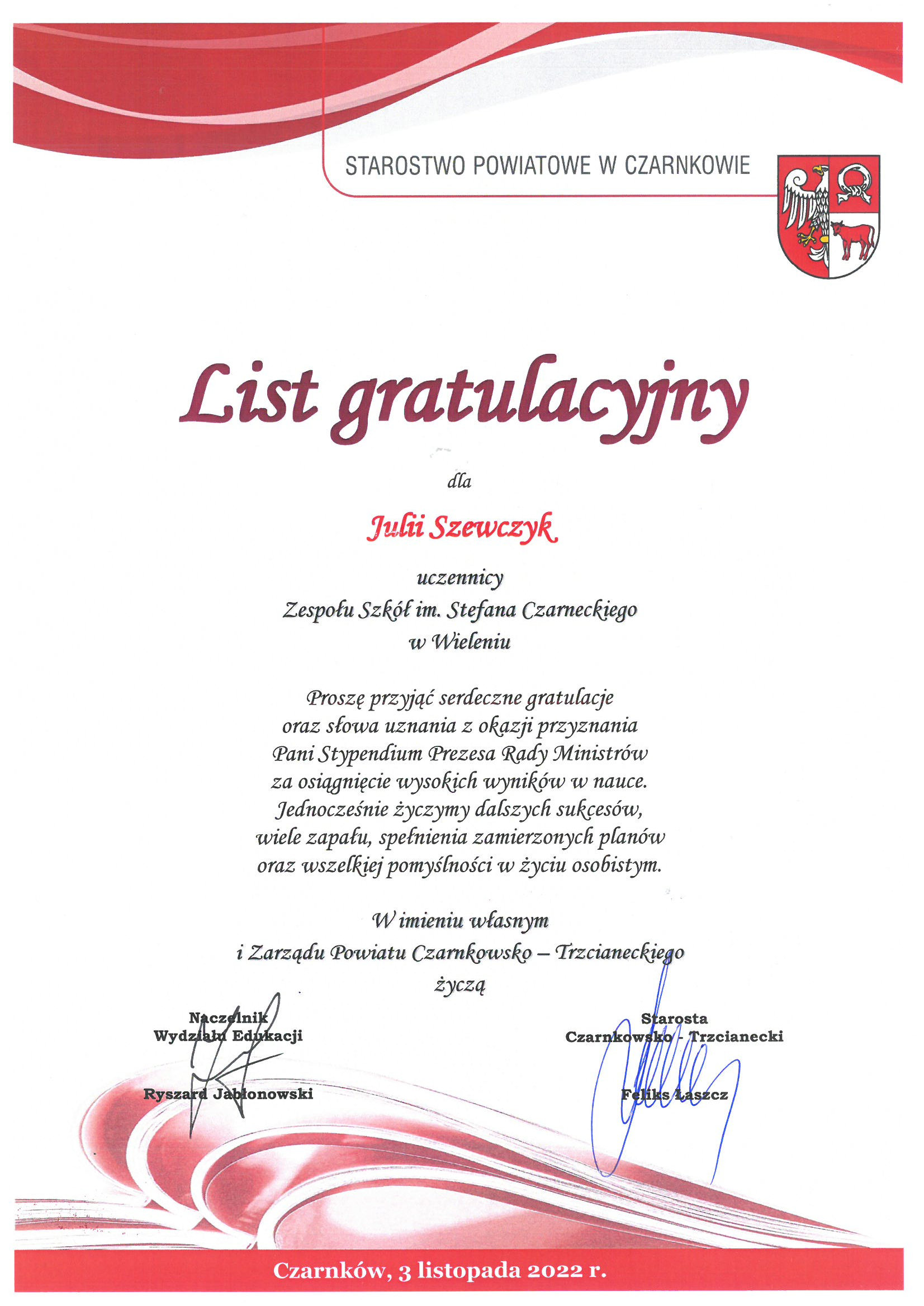 Stypendia Prezesa Rady Ministrów 2016 Lista STYPENDIA PREZESA RADY MINISTRÓW - Urząd Miejski w Wieleniu
