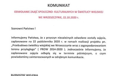 Zdjęcie do Komunikat- odwołanie zajęć społeczno- kulturalnych w świetlicy wiejskiej we Wrzeszczynie, 22.10.2020r.