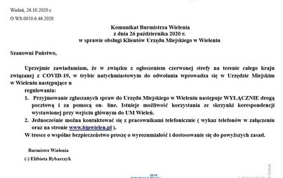 Zdjęcie do Komunikat Burmistrza Wielenia z dnia 26.10.2020r. w sprawie obsługi Klient&oacute;w w Urzędzie Miejskim w Wieleniu