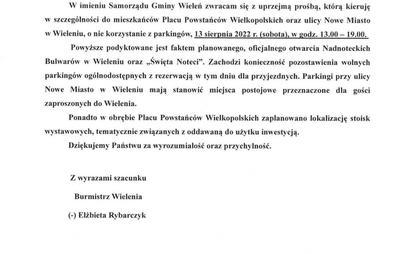 Zdjęcie do Informacja- parkowanie w dniu 13 sierpnia 2022r. na Placu Powstańc&oacute;w Wlkp. i ul. Nowe Miasto w Wieleniu