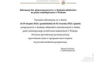 Zdjęcie do Informacja dot. planowanej przerwy serwisowej w działaniu infokiosk&oacute;w na parku ornitologicznym