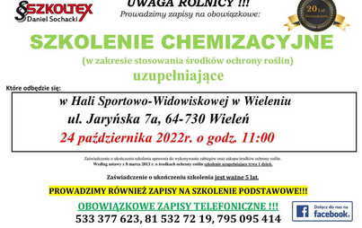 Zdjęcie do Szkolenie chemizacyjne dla rolnik&oacute;w, 24 października 2022r.