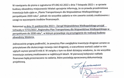 Zdjęcie do Obwodnica Wielenia ujęta w Planie Transportowym dla Wojew&oacute;dztwa Wielkopolskiego