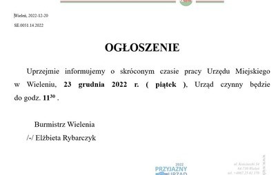 Zdjęcie do W dniu 23 grudnia 2022r. Urząd Miejski w Wieleniu będzie czynny do godz. 11.30