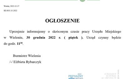 Zdjęcie do W dniu 30 grudnia 2022r. Urząd Miejski w Wieleniu będzie czynny do godz. 11.30