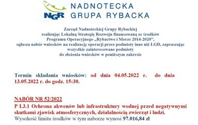 Zdjęcie do Ogłoszenie o naborze wniosk&oacute;w o dofinansowanie w ramach priorytetu 4 PO &bdquo;Rybactwo i Morze&rdquo; na lata 2014-2020 ze środk&oacute;w EFMiR nr 52/2022