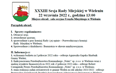 Zdjęcie do XXXIII Sesja Rady Miejskiej w Wieleniu 22 września 2022 r., godzina 13:00. Miejsce obrad:  sala sesyjna Urzędu Miejskiego w Wieleniu