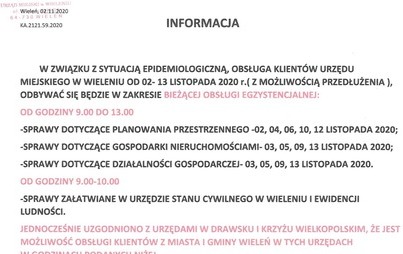 Zdjęcie do Informacja - Obsługa klient&oacute;w Urzędu Miejskiego w Wieleniu od 2 do 13 listopada 2020 r.