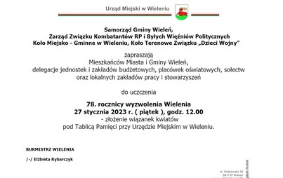 Zdjęcie do 78. rocznica wyzwolenia Wielenia-złożenie wiązanek kwiat&oacute;w pod Tablicą Pamięci 27 stycznia 2023 r., godz. 12.00