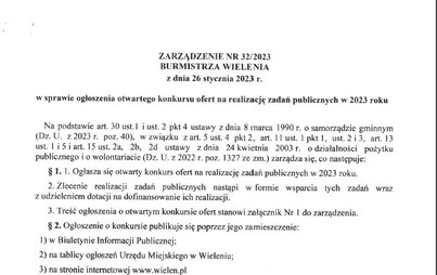 Zdjęcie do Zarządzenie nr 32/2023 Burmistrza Wielenia w sprawie ogłoszenia otwartego konkursu ofert na realizację zadań publicznych w 2023r.