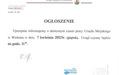 Zdjęcie do W dniu 07 kwietnia 2023 Urząd Miejski w Wieleniu będzie czynny do godz. 11.30