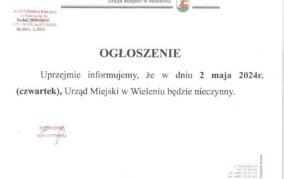 Zdjęcie do W dniu 02 maj 2024r. Urząd Miejski w Wieleniu będzie nieczynny