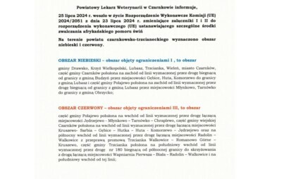 Zdjęcie do Powiatowy Lekarz Weterynarii w Czarnkowie informuje, że 25 lipca 2024 r. weszło w życie Rozporządzenie Wykonawcze Komisji (UE) 2024/2051 z dnia 23 lipca 2024 r. zmieniające załączniki I i II do rozporządzenia wykonawczego (UE) ustanawiającego szczeg&oacute;lne środki zwalczania afrykańskiego pomoru świń.