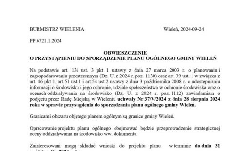 Zdjęcie do Obwieszczenie o przystąpieniu do sporządzenia planu og&oacute;lnego Gminy Wieleń