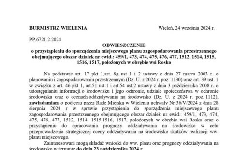 Zdjęcie do OBWIESZCZENIE o przystąpieniu do sporządzenia miejscowego planu zagospodarowania przestrzennego obejmującego obszar działek nr ewid.: 459/1, 473, 474, 475, 476, 477, 1512, 1514, 1515, 1516, 1517, położonych w obrębie wsi Rosko