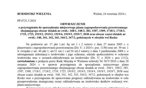 Zdjęcie do OBWIESZCZENIE o przystąpieniu do sporządzenia miejscowego planu zagospodarowania przestrzennego obejmującego obszar działek nr ewid.: 348/1, 348/2, 383, 1507, 1509, 1718/1, 1718/2, 1719, 1725, 1919/2, 1919/3, 1919/4, 1919/5, 1919/7, 2038 oraz obszar części działek nr ewid.: 340, 341, 342, 343, 344/2, 347/2, położonych w obrębie wsi Rosko