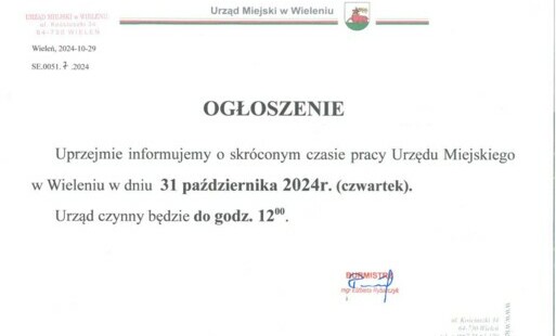 Zdjęcie do Ogłoszenie o skr&oacute;conym czasie pracy urzędu w dniu 31.10.2024