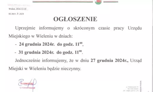 Zdjęcie do Informacje o godzinach pracy Urzędu Miejskiego w Wieleniu w dniach 24.12.2024 r., 27.12.2024 r. oraz 31.12.2024 r.