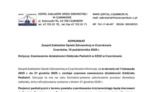 Zdjęcie do  Zawieszenie działalności Oddziału Pediatrii w ZZOZ w Czarnkowie