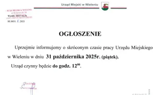 Zdjęcie do Skr&oacute;cony czas pracy Urzędu Miejskiego w Wieleniu