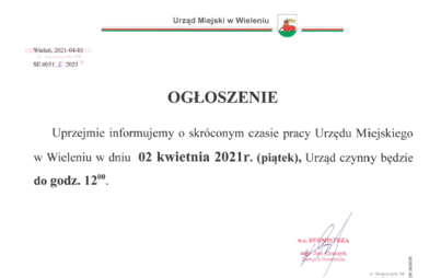 Zdjęcie do Ogłoszenie o skr&oacute;conym czasie pracy urzędu w dniu 02.04.2021