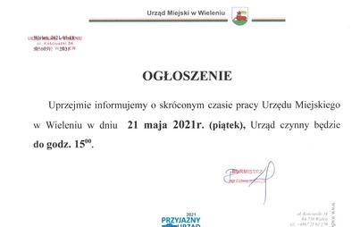 Zdjęcie do Skr&oacute;cony czas pracy Urzędu Miejskiego w dniu 21.05.2021 r. (piątek)