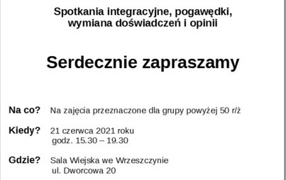 Zdjęcie do Bezpłatne zajęcia dla os&oacute;b pow. 50 r/ż Sala Wiejska we Wrzeszczynie 21.06.2021 r.