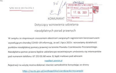 Zdjęcie do KOMUNIKAT dotyczący wznowienia udzielania nieodpłatnych porad prawnych