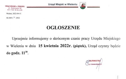 Zdjęcie do 15.04.2022 r. - Urząd Miejski w Wieleniu czynny do 11.30