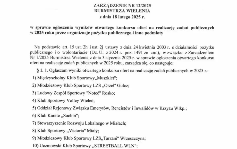 Zarządzenie nr 12/2025 Burmistrza Wielenia w sprawie ogłoszenia wyników otwartego konkursu ofert na realizację zadań publicznych w 2025 roku przez organizacje pożytku publicznego i inne podmioty