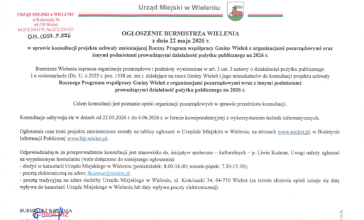 Zdjęcie do Ogłoszenie w sprawie przeprowadzenia konsultacji projektu uchwały zmieniającej Roczny Program wsp&oacute;łpracy Gminy Wieleń z organizacjami pozarządowymi