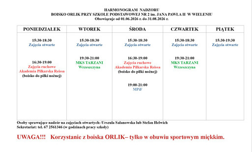 Zdjęcie do Harmonogram nadzoru nad boiskiem ORLIK oraz boiskiem wielofunkcyjnym w Wieleniu