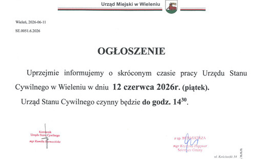 Zdjęcie do Zmiana godzin pracy Urzędu Stanu Cywilnego 12.06.2026 r.