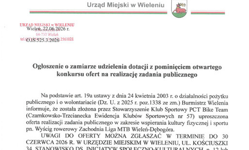 Zdjęcie do Informacja Burmistrza Wielenia w sprawie uproszczonej oferty realizacji zadania publicznego