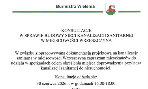 Zdjęcie do Konsultacje w sprawie budowy sieci kanalizacji sanitarnej w miejscowości Wrzeszczyna
