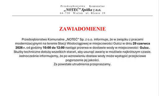 Zdjęcie do ZAWIADOMIENIE-29.06.2026 r. nastąpi przerwa w dostawie wody w miejscowości  Gulcz