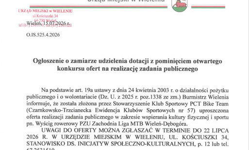 Zdjęcie do Ogłoszenie o zamiarze udzielenia dotacji z pominięciem otwartego konkursu ofert na realizację zadania publicznego