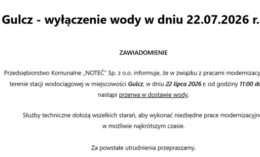 Zdjęcie do Gulcz - wyłączenie wody 22.07.2026 r. g. 11:00-14:00 