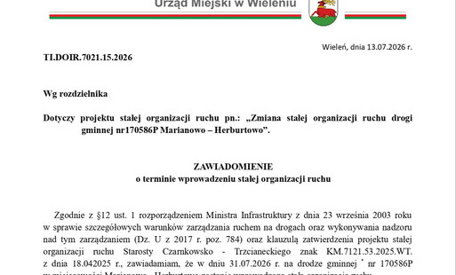 Zdjęcie do Zawiadomienie o terminie wprowadzeniu stałej organizacji ruchu