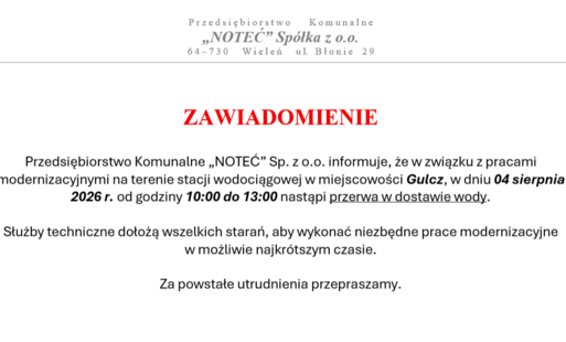 Zdjęcie do ZAWIADOMIENIE - przerwa w dostawie wody w miejscowości Gulcz