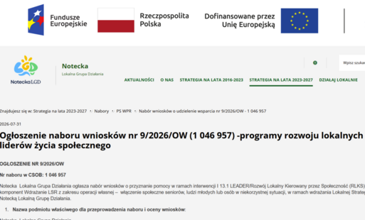 Zdjęcie do Ogłoszenie naboru wniosk&oacute;w nr 9/2026/OW (1 046 957) -programy rozwoju lokalnych organizacji, lider&oacute;w życia społecznego