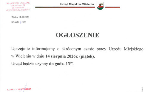 Zdjęcie do Ogłoszenie o skr&oacute;conym czasie pracy Urzędu Miejskiego w Wieleniu