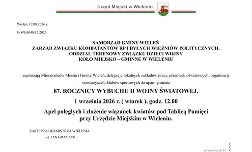 Zdjęcie do 1 IX 2026  w Wieleniu - upamiętnienie 87. rocznicy wybuchu II wojny światowej