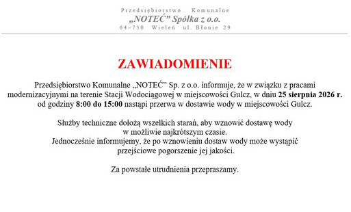 Zdjęcie do ZAWIADOMIENIE - przerwa w dostawie wody w miejscowości Gulcz