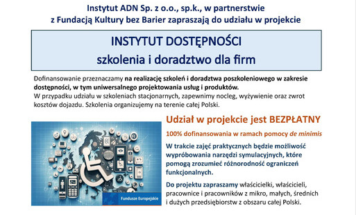 Zdjęcie do Zaproszenie na spotkanie informacyjno-promocyjne projektu Instytut Dostępności - szkolenie i doradztwo dla firm 