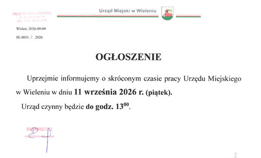 Zdjęcie do Ogłoszenie o skr&oacute;conym czasie pracy Urzędu Miejskiego w Wieleniu