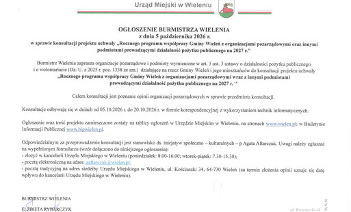 Zdjęcie do Ogłoszenie Burmistrza Wielenia z dnia 05 października 2026 r. w sprawie konsultacji projektu uchwały ,,Rocznego programu wsp&oacute;łpracy Gminy Wieleń z organizacjami pozarządowymi oraz innymi podmiotami prowadzącymi działalność pożytku publicznego na 2027 r. 