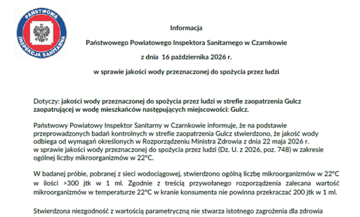 Zdjęcie do Informacja w sprawie jakości wody przeznaczonej do spożycia przez ludzi w strefie zaopatrzenia Gulcz